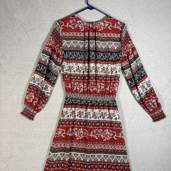 H&M Conscious Womens Maxi Dress 8 Chiffon Red Floral Sheer Smocked Boho Key Hole - Picture 13 of 16